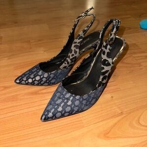 River Island Blue and Black Patterned Slingback Heels